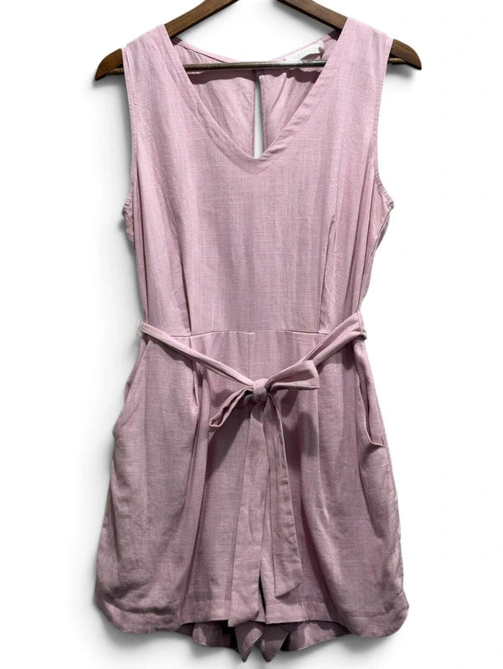LUSH Mauve Pink Belted V Neck Romper Shorts Pockets Medium